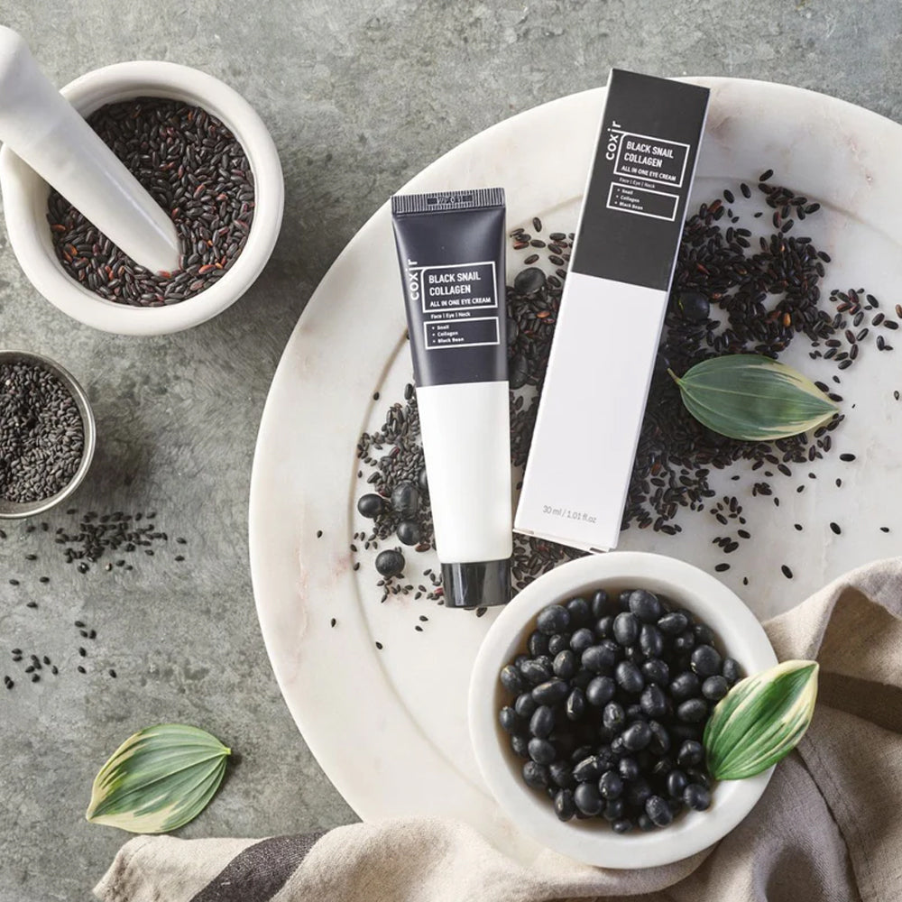 Coxir Black snail collagen all in one eye cream paakių kremas su sraigių mucinu ir kolagenu
